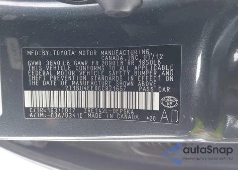 2012 Toyota Corolla S из США, поврежденный, VIN 2T1BU4EEXCC821657